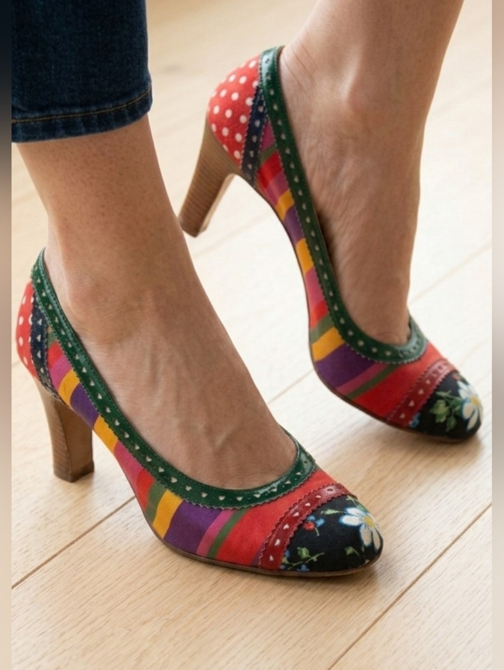 Vintage Moshchino Colorful Mixed Print Floral Stripe Heels 38 US 7.5